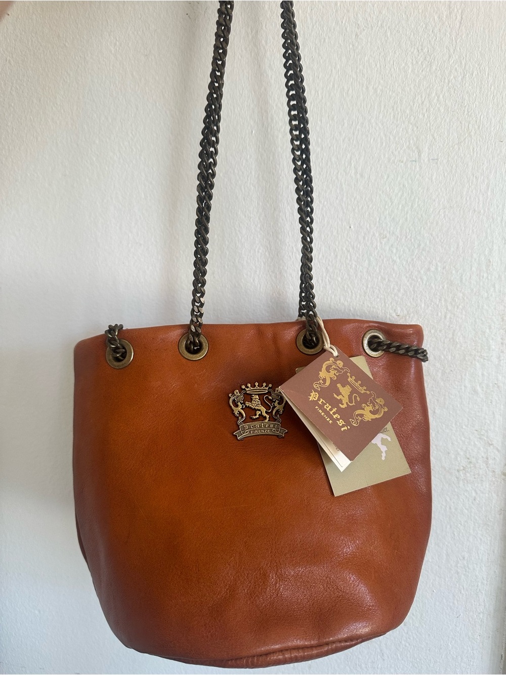 NWT Pratesi Firenze Italian Cognac Leather Mini Bucket Bag